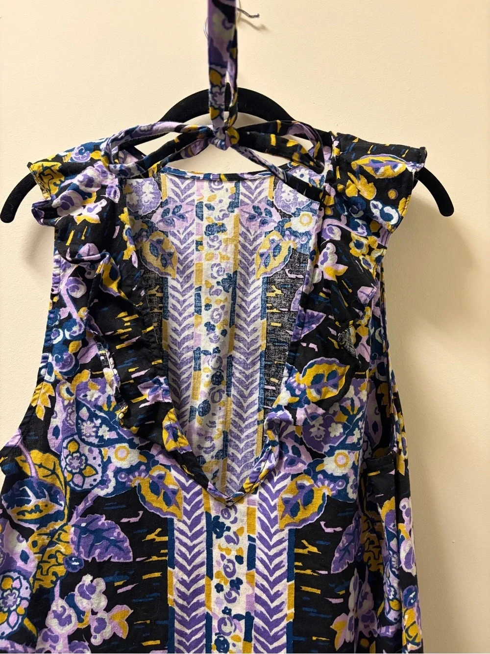 Free People Boho Sleeveless Floral Ruffle Linen-Blend Dress in Purple Black Gold - Picture 4 of 7